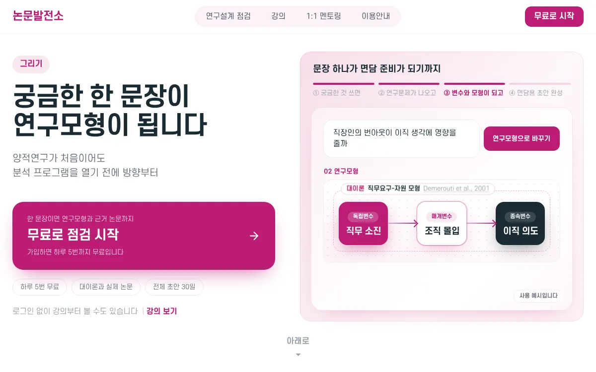 논문발전소 첫 화면. 궁금한 한 문장이 연구모형이 됩니다